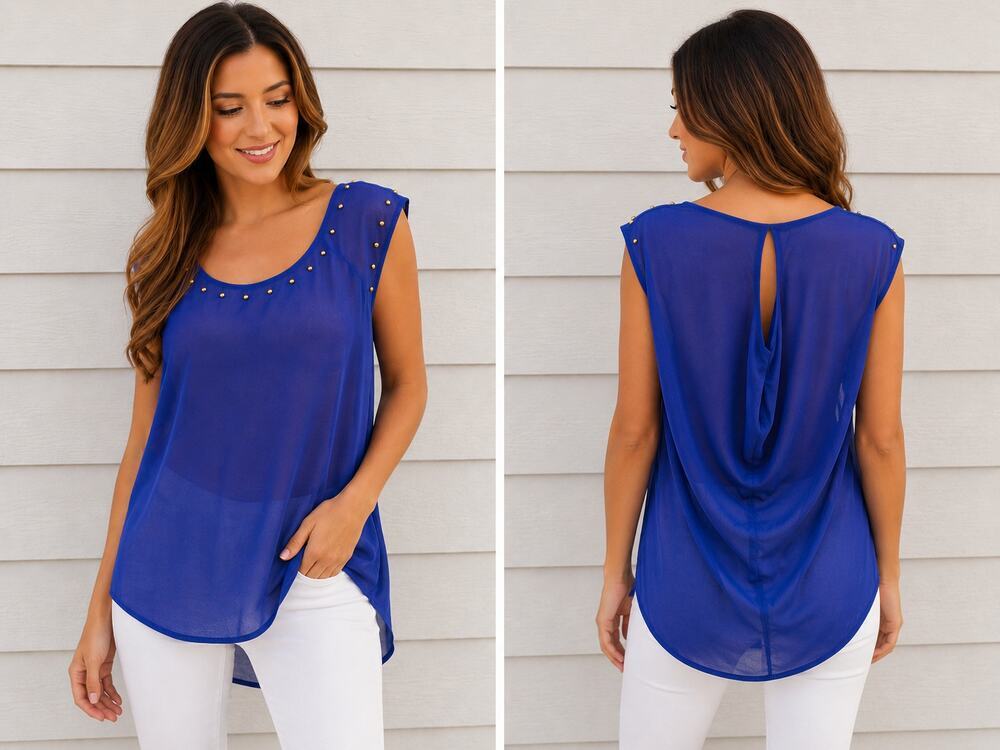 Chloe K Royal Blue Studded Semi Sheer Blouse Top Small